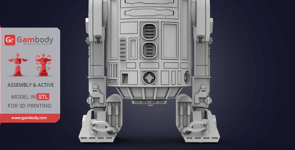 A 3D printable model of a detailed R2-D2 droid, showcasing its front design and intricate details.