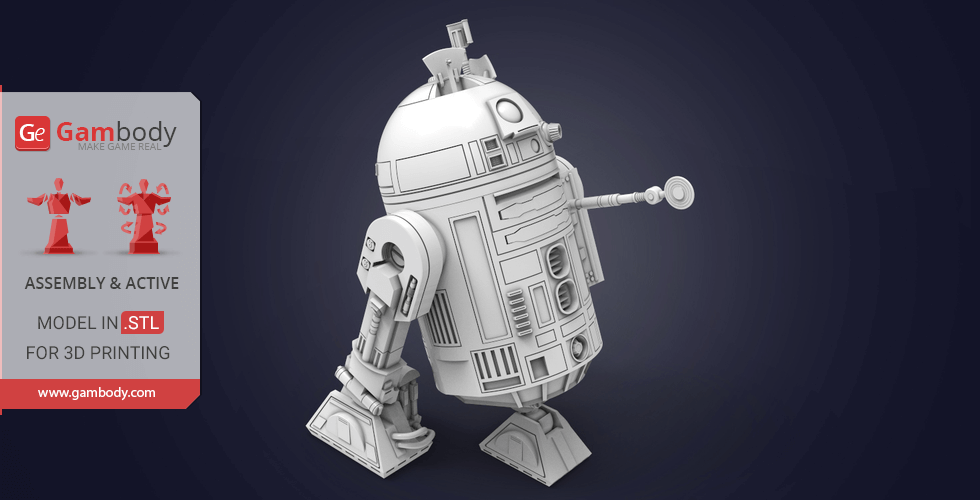 3D model of R2-D2 from Star Wars, in STL format, shown for 3D printing.