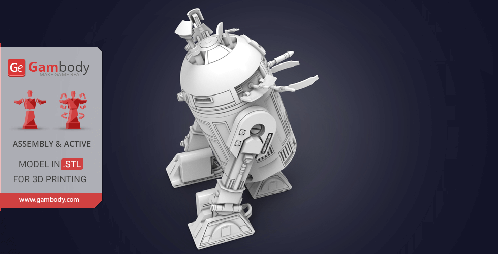 3D printable STL model of R2-D2 from Gambody, featuring assembly parts for detailed printing.