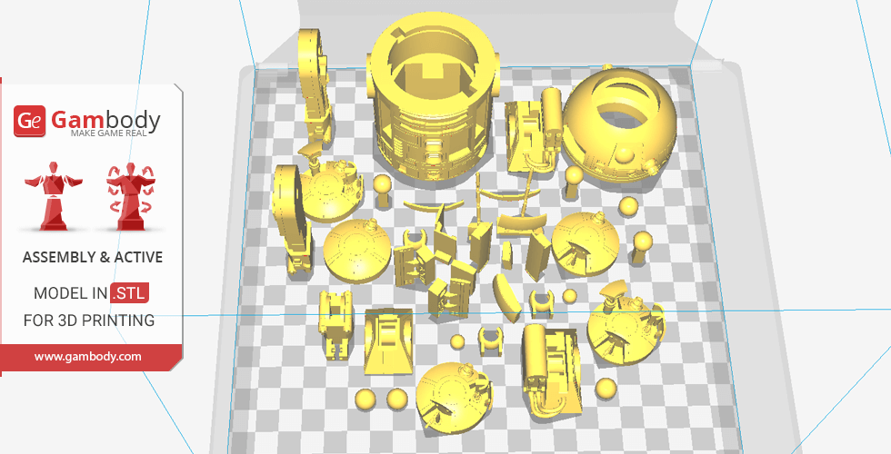 Disassembled 3D model parts of R2-D2 ready for printing on a checkered grid background.