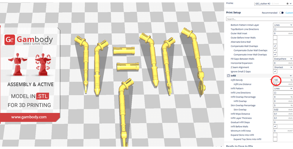 Yellow R2-D2 components in STL format displayed for 3D printing setup on a checkered background.