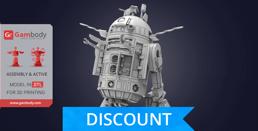 3D model of R2-D2 for printing, shown with assembly details and discount promotion.
