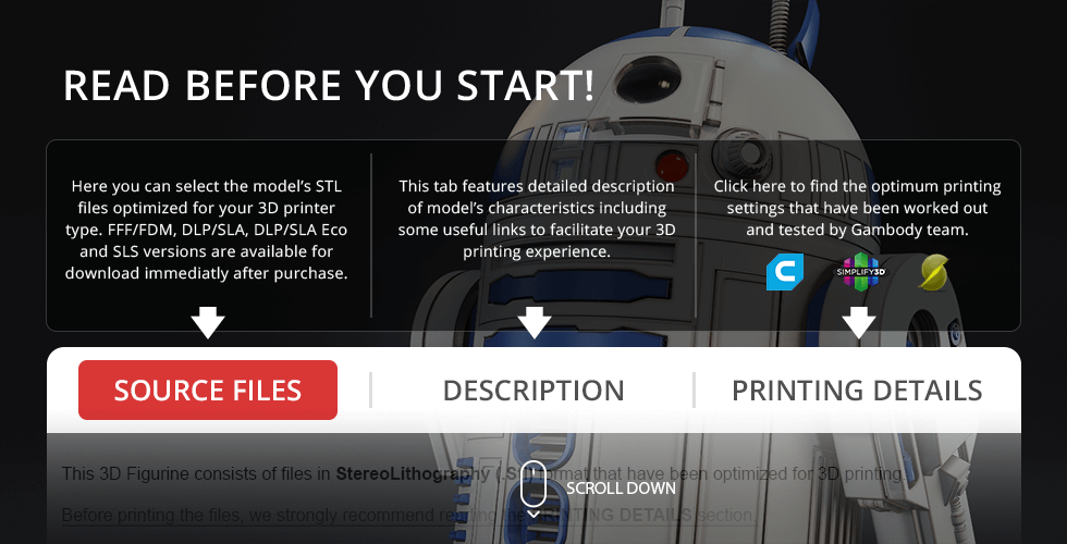 R2-D2 3D printing STL file info with source files, description, and printing details tabs.