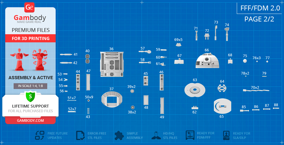 Blueprint with labeled R2-D2 3D printing parts layout on a grid background.