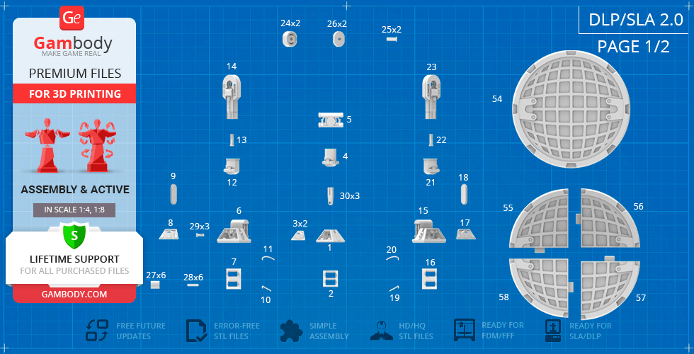 Blueprint-style layout showing R2-D2 3D printing assembly parts.