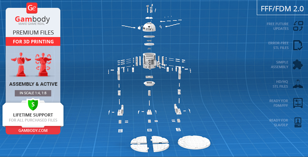 Exploded view of 3D-printable R2-D2 model parts on a blue grid background.