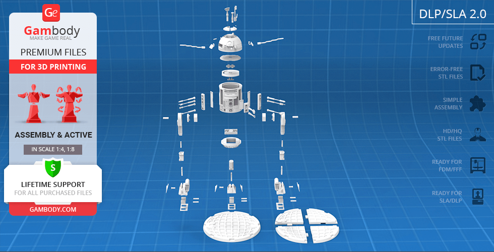 Exploded view of R2-D2 3D model parts for printing, displayed on a blue grid background.