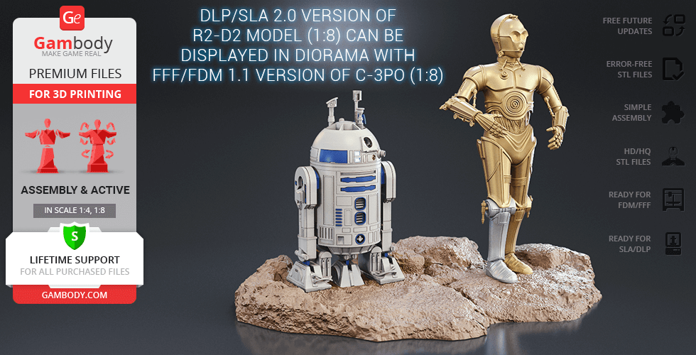 3D printable R2-D2 and C-3PO models on a rocky base from Gambody, suitable for DLP/SLA and FDM/FFF printing.