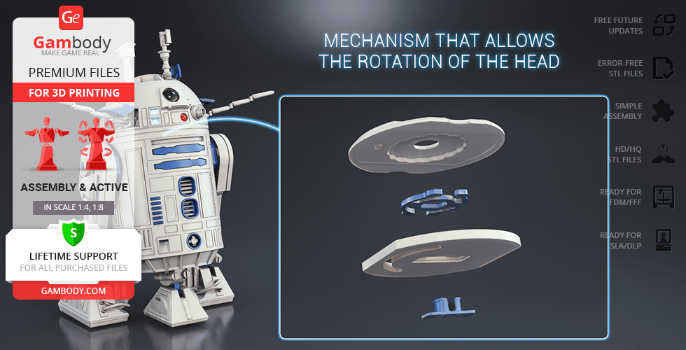 R2-D2 3D model with head rotation mechanism, ready for 3D printing from Gambody.