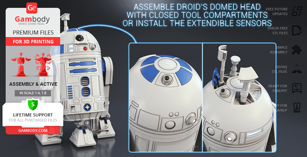 3D printable R2-D2 model showing detailed head assembly options with sensors and compartments.