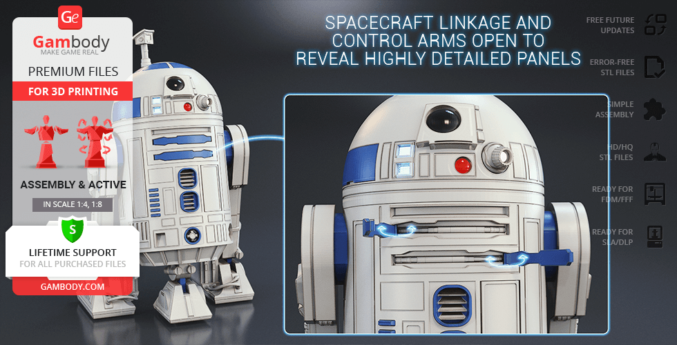 3D printable R2-D2 model with detailed panels and movable arms, available in multiple scales.