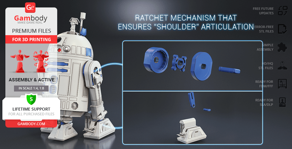 3D model of R2-D2 with shoulder articulation parts for 3D printing, shown in exploded view.
