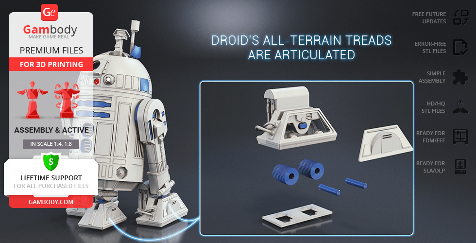 3D printable R2-D2 model with articulated treads and assembly parts from Gambody.