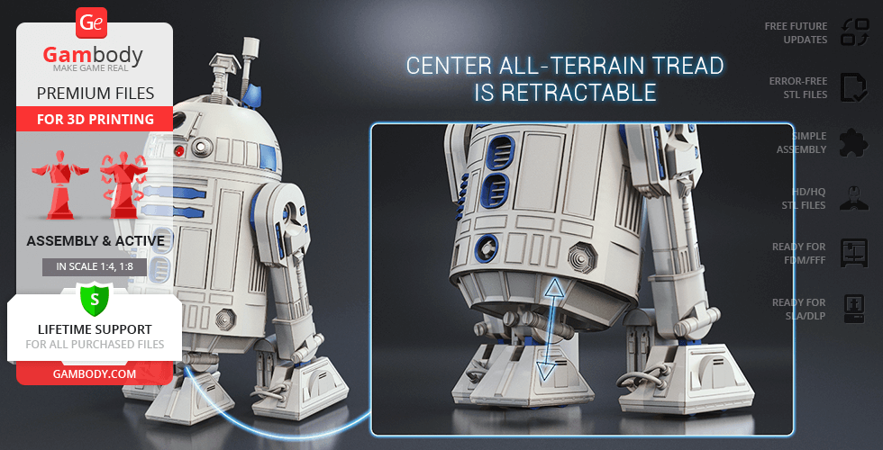 3D model of R2-D2 with retractable terrain tread, designed for 3D printing by Gambody.