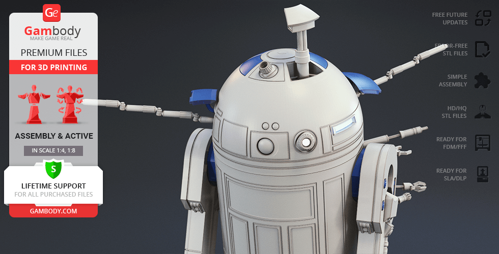 3D model of a detailed R2-D2 robot for printing, featuring assembly and support info from Gambody.