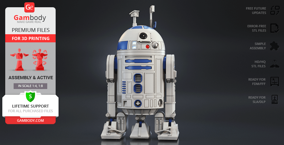 3D printable model of R2-D2 with detailed features, marketed by Gambody for easy assembly.