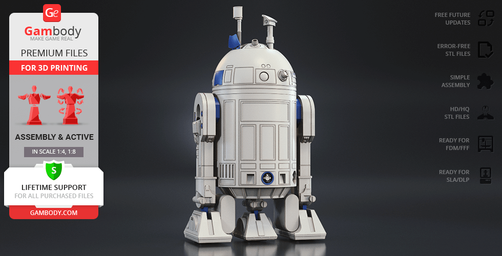 3D printable R2-D2 model from Gambody, with features for easy assembly and scale options.