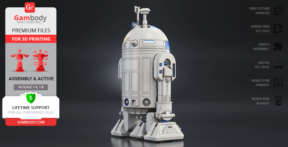 3D model of R2-D2 from Star Wars, designed for 3D printing by Gambody.