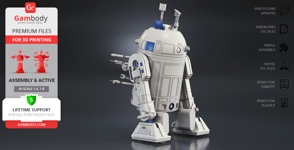 A detailed 3D model of R2-D2, ready for 3D printing, featured on a promotional image.