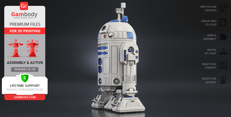 3D printable R2-D2 model showcasing detailed design for assembly, by Gambody.
