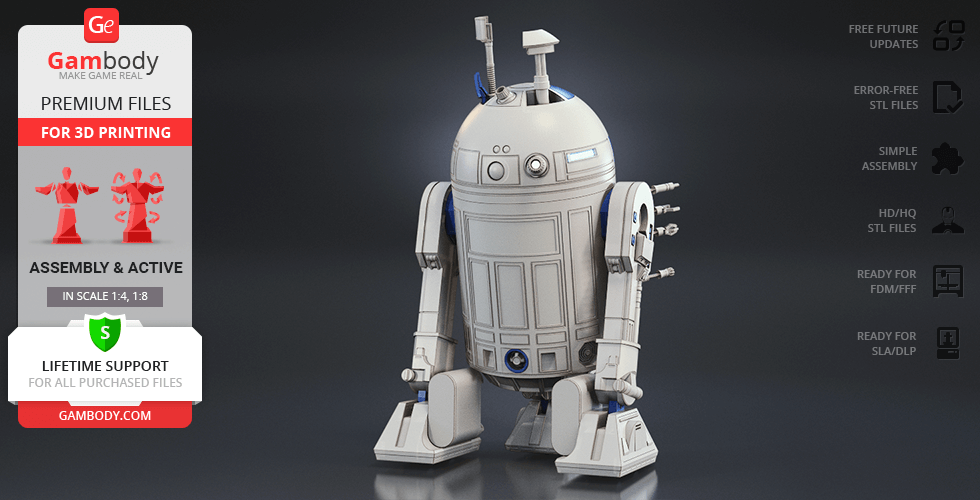 A 3D model of a detailed R2-D2 robot, designed for 3D printing by Gambody.