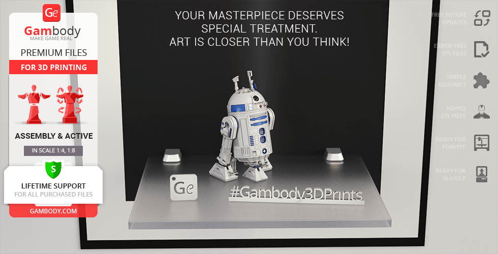 3D printed model of R2-D2 from Star Wars displayed on a platform with Gambody branding.