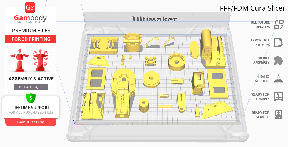 STL files layout for 3D printing R2-D2 parts, displayed on a 3D printer bed view.