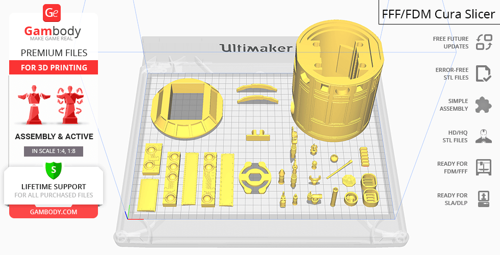 3D printing layout of segmented yellow R2-D2 model parts on a virtual build plate.