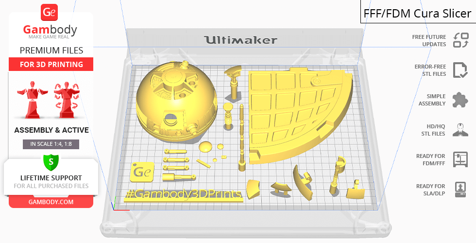 3D printed parts of R2-D2 laid out on a grid in Ultimaker Cura slicer.