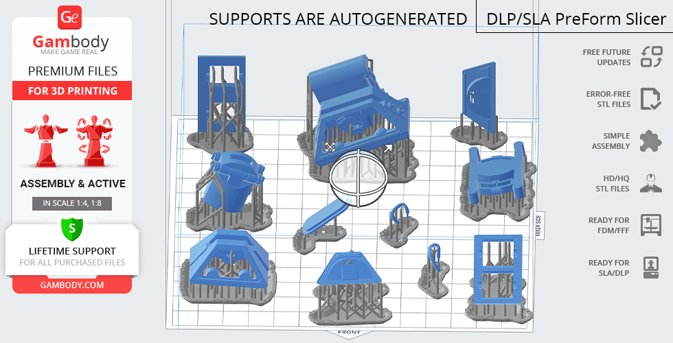 Digital render of R2-D2 parts on a grid, ready for 3D printing with autogenerated supports.
