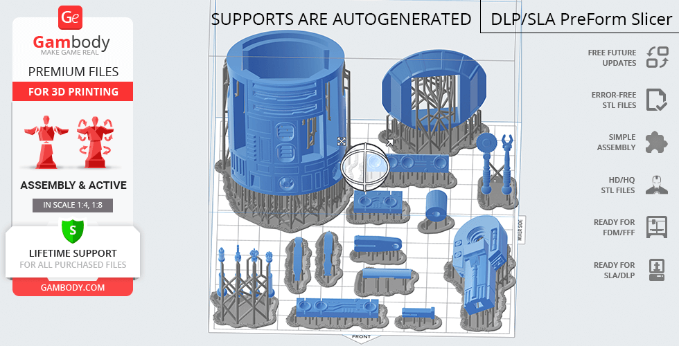 STL files of R2-D2 parts arranged for 3D printing with autogenerated supports, shown in blue and gray.