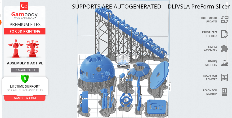 STL model parts of R2-D2 arranged for 3D printing with autogenerated supports on Gambody platform.