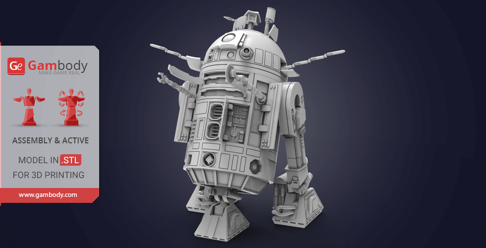 3D model of a detailed R2-D2 from Star Wars, ready for 3D printing.