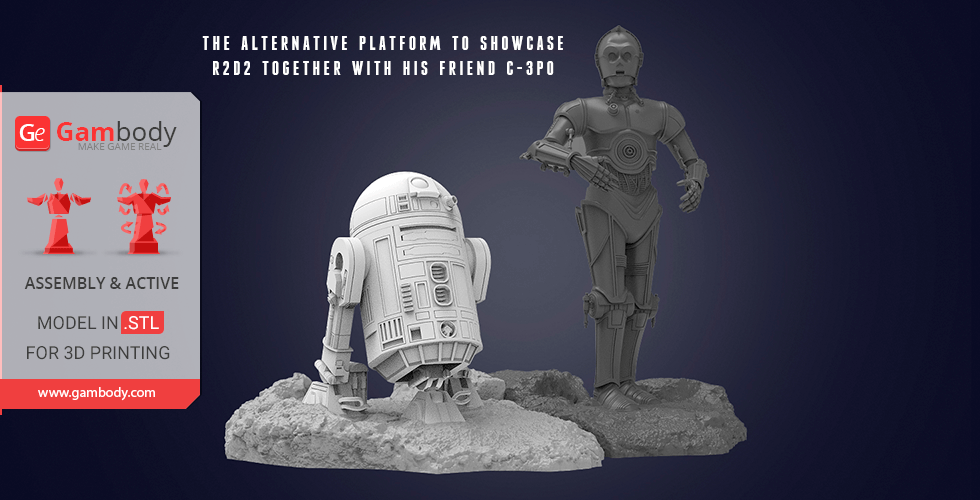 3D models of R2-D2 and C-3PO on display stands, ready for 3D printing.