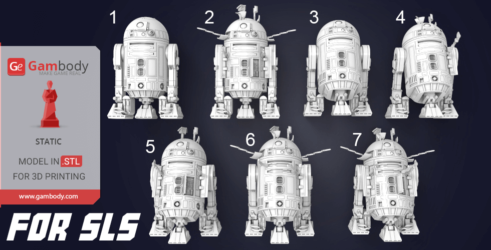 Various 3D printable designs of a futuristic robot with different attachments and angles.