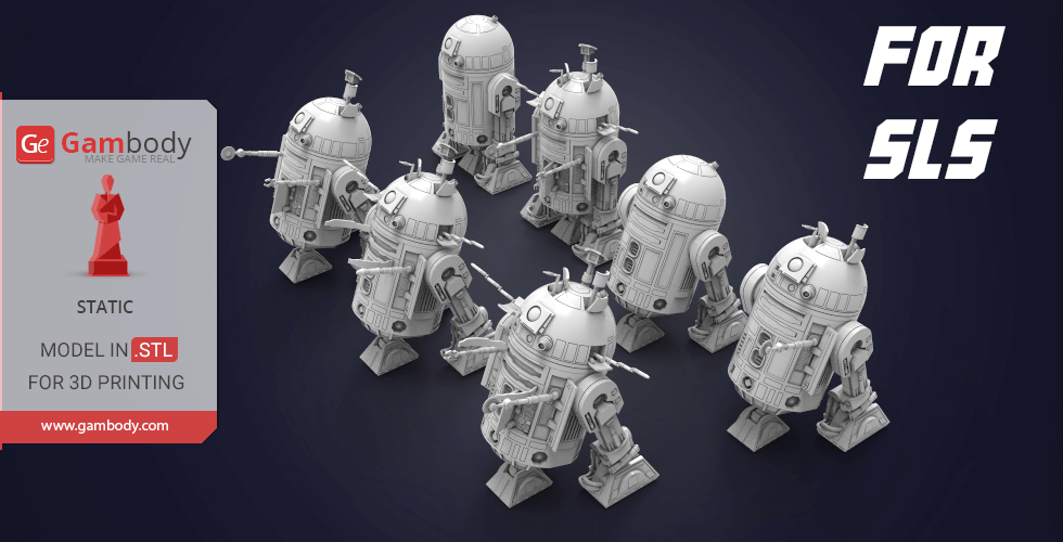 A group of 3D-printed R2-D2 models from Gambody for SLS printing.