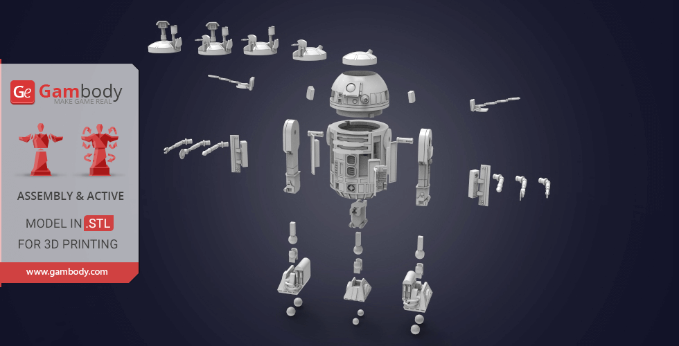 Exploded view of 3D printable R2-D2 model parts for assembly.