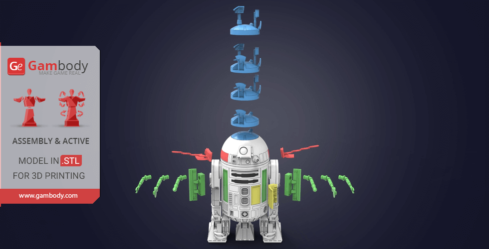 3D model of R2-D2 with exploded view showing assembly parts for 3D printing.