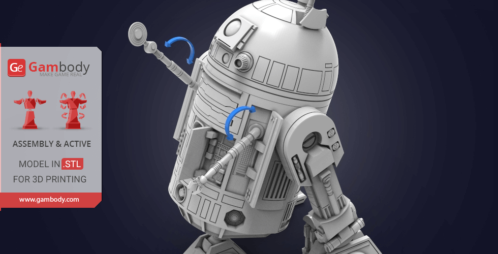 A detailed 3D model of a sci-fi droid, suitable for 3D printing, displayed on Gambody.