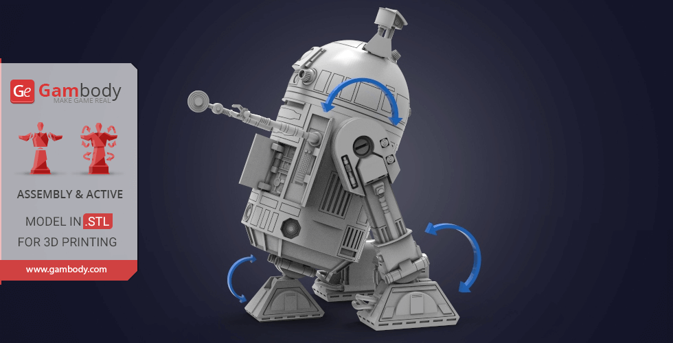 3D printable R2-D2 model in STL format, showing movable parts for assembly.