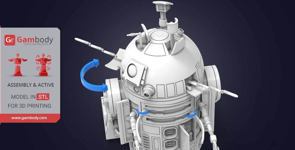 3D model of R2-D2 for printing, showing assembly points and details on a dark background.