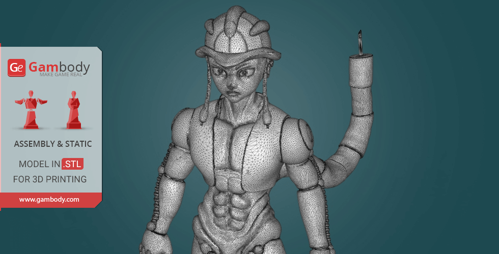 3D model of a humanoid figure with muscular build and tail, prepared for 3D printing.
