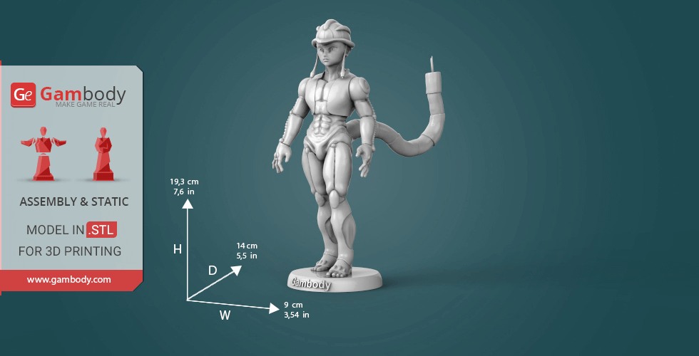 A detailed 3D model of a humanoid character with a tail and helmet, designed for 3D printing.