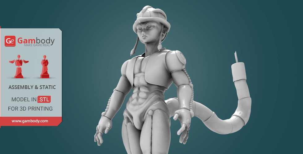 A 3D model of a muscular, humanoid character with a tail, wearing a helmet, designed for 3D printing.