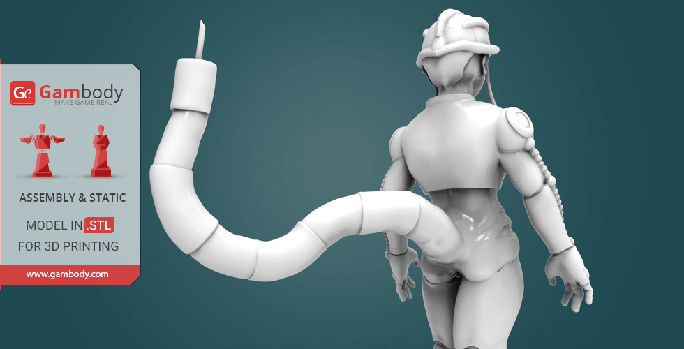 A 3D printed model character with a segmented tail and headgear, viewed from the back.