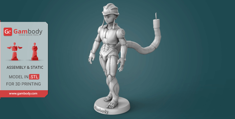A 3D printed model of Meruem from Gambody, featuring detailed armor and a tail, on a display base.