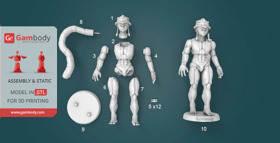 3D printable model of a humanoid figure named Meruem, shown in parts for assembly.