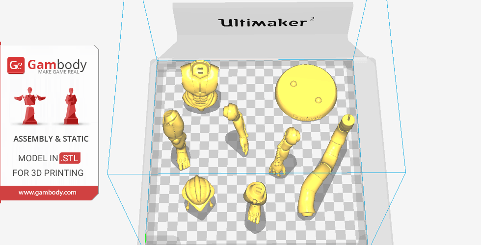 3D model parts of Meruem for printing, shown on a checkered platform with assembly instructions.