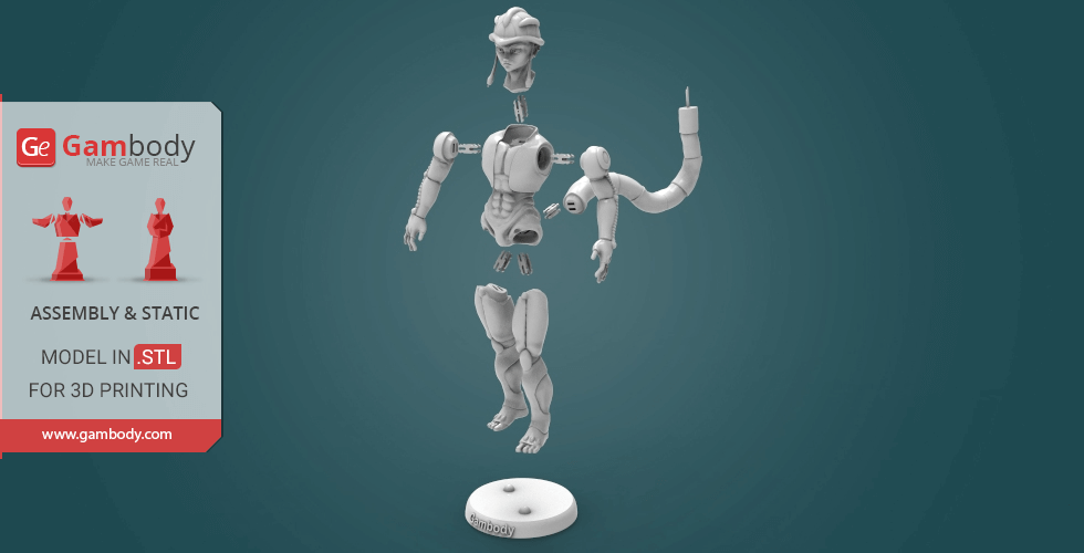3D printing model of a humanoid figure with articulated joints and a floating pose on a display base.