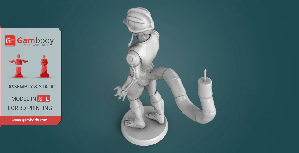 A sci-fi figure with a segmented tail and helmet, designed for 3D printing, shown on a circular base.